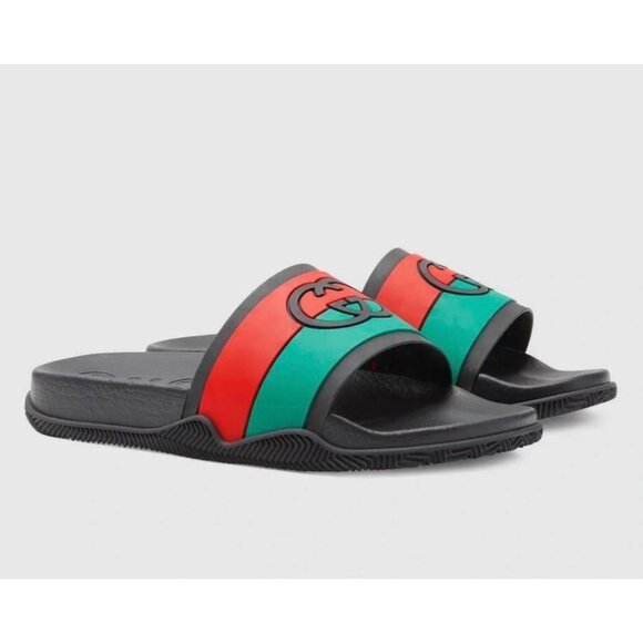 Gucci Men’s Rubber Interlocking-G Web-Stripe Slippers/Sandals UK11 655265 - Picture 1 of 12